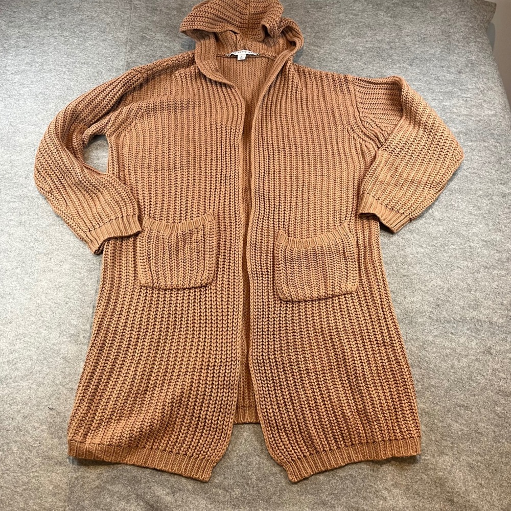 Hyfve Womens Hooded Open Front Cardigan Brown Chunky Knit Large Boho Cozy L